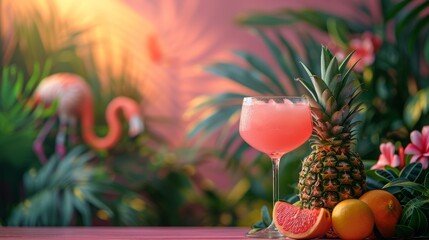 Refreshing summer cocktail accompanied by tropical fruits against a sunset backdrop with a pink flamingo