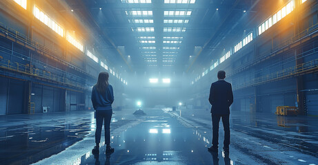 A construction manager meets with professionals in an empty warehouse to discuss the transformation into a chic urban office. Generative AI.