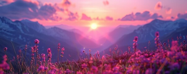 A beautiful sunrise in the mountains with grass and purple and orange tones A realistic photo in the style of high resolution
