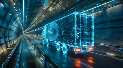Blue wireframe Trailer Truck rides through Blue tunnel 3d rendering