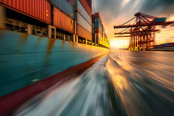 A dynamic photo of a cargo ship loaded with containers, sailing under a bridge at sunset, with a motion blur effect emphasizing the fast pace of global trade and transportation