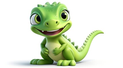 Cute green dinosaur smiling. 3D rendering of a cartoon dinosaur character. The dinosaur is sitting on a white background and looking at the camera.