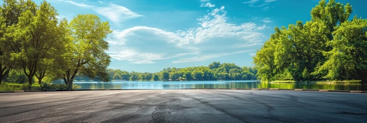 Empty asphalt road and green trees with blue sky background over the lake in summer, landscape nature view from side of empty street for product display.