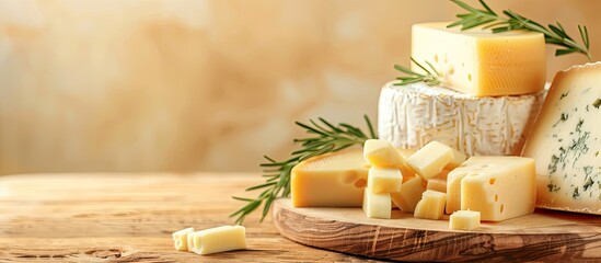 edam parmesan and brie cheese on wooden platter over wooden table pastel background. with copy space image. Place for adding text or design