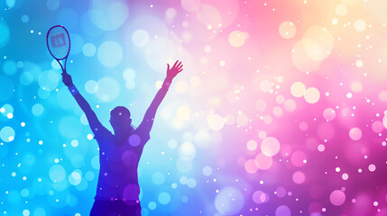 Tennis fans cheering, focus on, copy space, bright hues, Double exposure silhouette with racket
