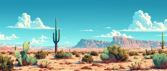 Rocky desert with cacti and clear blue skies