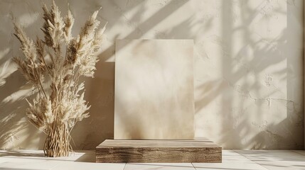 background wallpaper, wooden displays for health beauty products, spa, skin care, perfume, open room with white walls, plant shadows, morning light atmosphere