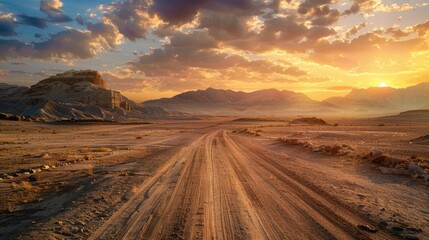 A long, dusty dirt road stretching across the open desert landscape