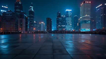 Empty square floors and modern city buildings at night in Chongqing : Generative AI