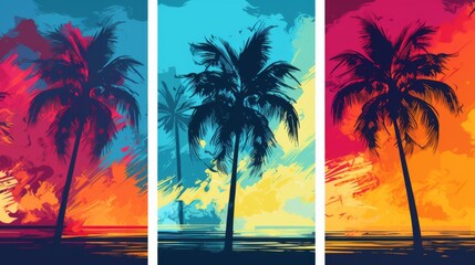 Artistic panels depicting three palm trees with vivid colors and a backdrop of a sunset sky blending blue and orange hues, creating a vibrant and tropical atmosphere.