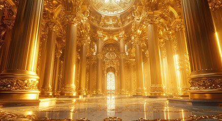 A castle made of gold, gold pillars with gold carvings, high quality. Generative AI.