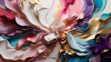 Tło w jasnych pogodnych kolorach - róż, fiolet, niebieski i granat, plamy farby, wykończone złotą farbą, malarstwo artystyczne
