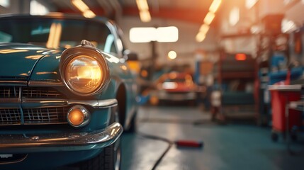 Vintage car with headlight on in a classic auto repair shop with a cozy, warm atmosphere and a blur of tools in the background.