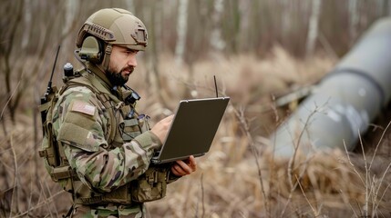 A soldier in camouflage uniform and a helmet uses a laptop while standing in a forest setting
