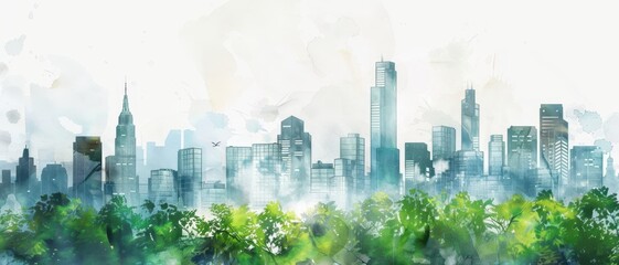 A watercolor city where nature is integrated, with trees and plants lining the streets and buildings