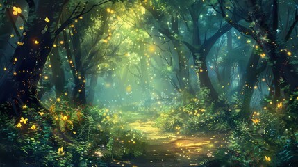 enchanting fairy tale forest with magical glowing fireflies and lush vegetation whimsical fantasy digital painting