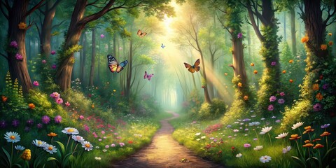 Fantasy scene of path through forest with flowers and butterflies, fantasy, forest, path, flowers, butterflies