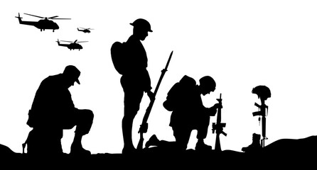 Sad army soldiers in sorrow for fallen comrade during military funeral honor. Silhouette of usa military army with weapons. American independence or memorial day background. Pride and honor symbol.