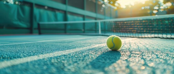 Tennis court with net and ball in focus, sports highlight background, text overlay spot