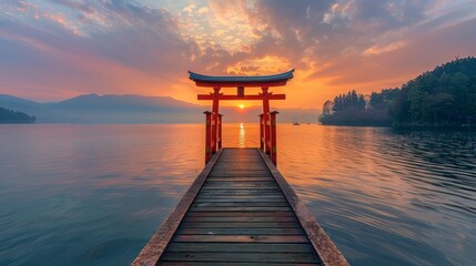 nice pier with Torii Gate at the end in the middle of a lake and a beautiful sunset