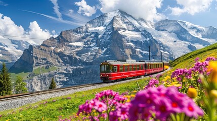 Red train traveling through swiss alps in springtime