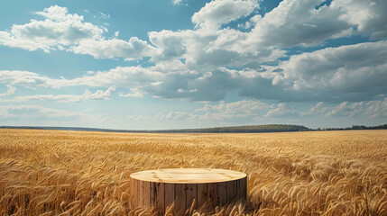 Empty wooden cylinder podium on big wheat field in summer time for product placement.
