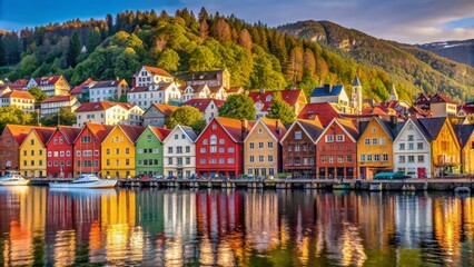 Historic Bryggen Hanseatic wharf in Bergen Norway UNESCO site showcasing vibrant colored wooden houses along picturesque waterfront landscape.