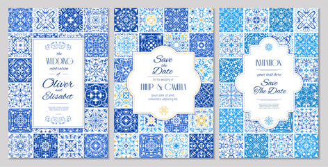 Invitation template. Stylized decorative backgrounds with portuguese tiles azulejos recent vector invitation with place for text