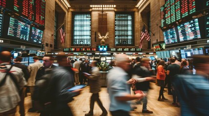 Blurred motion of traders and investors on a bustling stock exchange trading floor with numerous digital displays.