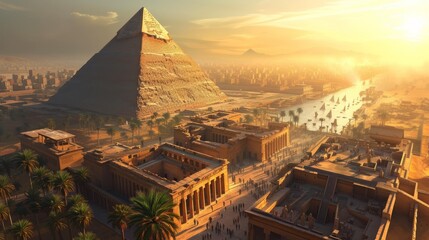 Serene aerial view showing the majestic pyramids of Egypt in the ancient city, An ancient Egyptian city as seen from the top of a Pyramid, AI Generated