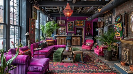 A Bohemian coffee shop interior blends eclectic colors, patterns, and textures with vintage furniture, plants, and artistic decor, fostering a vibrant, relaxed ambiance. 