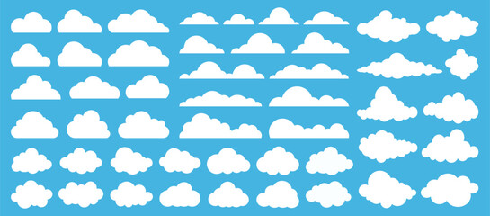 Abstract vector white cloud silhouette collection in cute flat cartoon style for web background. Nature sky, cloud pattern, fume or misty fog art. Food smoke, cloud texture and weather element symbol.