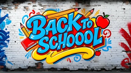 Text Let's go Back to school concept. School and office supplies on background Back to school concept.white brick wall the inscription in multi-colored paints . school background (17)