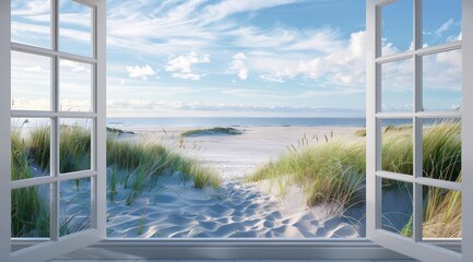Une fenêtre ouverte sur une plage, vue sur la mer, ciel bleu avec nuages, concept de vacances.