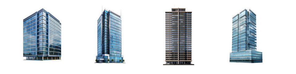 Set of Tall office building realistic image isolated on transparent background