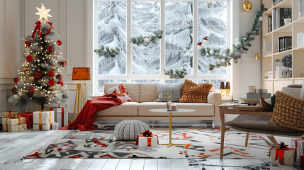 Cozy living room with a decorated Christmas tree, red and white accents, and a snowy winter scene outside the window. 
