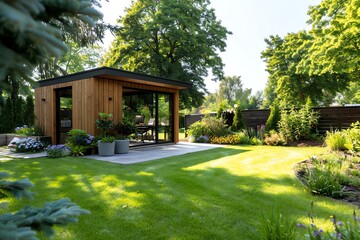 Modern wooden garden shed with patio in a lush green backyard.