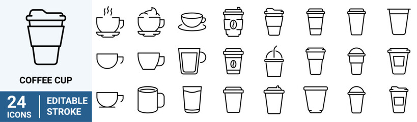 Coffee cup line web icons. Disposable coffee cup. Coffee paper cup, plastic container for hot and cold drink, juice, tea. Vector illustration