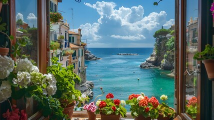 A beautiful view of the sea from an open window with flowers and potted plants. There are also buildings on one side