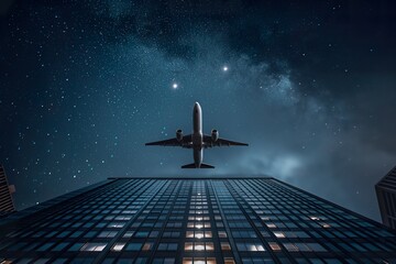 Airplane flying over skyscrapers at night. 