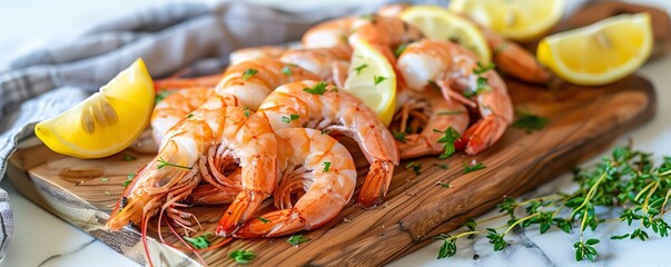 Delicious cooked shrimp with lemon slices on wooden board, garnished with herbs. Perfect for seafood and culinary themes.