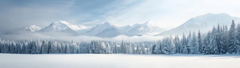 Panoramic winter landscape with snow-covered trees and majestic mountains under a cloudy sky, capturing the serene beauty of nature.