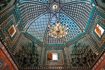 Decoration of the dome of the mausoleum of Kusam Ibn Abbas. The monument of medieval architecture ensemble of mausoleums Shahi Zinda, Samarkand, Uzbekistan