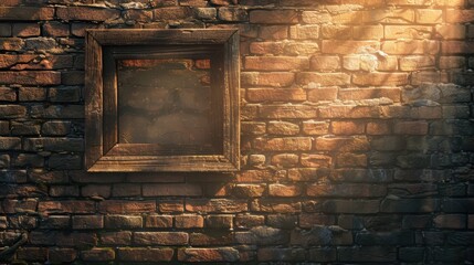 Rustic brick wall with a framed window opening, illuminated by sunlight. Perfect for architectural and rustic-themed projects.