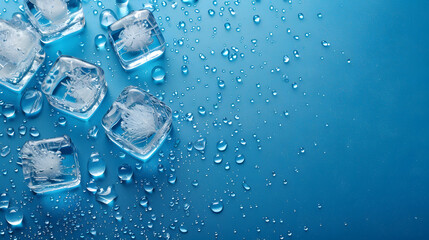 Close-up of frosty ice cubes with dew-like water droplets on a bold blue background