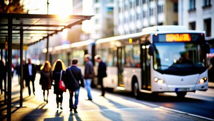 Bus Stop Blur: A blurred bus stop with commuters and buses, great for public transportation and urban mobility themes. 
