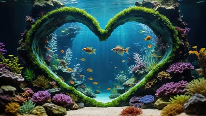 Heart Shaped Aquarium with Tropical Fish and Coral.
