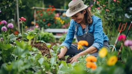 A gardener tending to a lush vegetable garden, pulling weeds and arranging plants, with a backdrop of blooming flowers and garden tools neatly organized