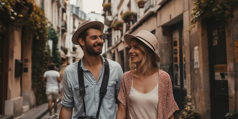 Young tourist couple walking down picturesque street in europe