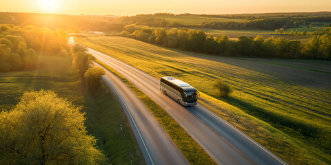 White coach bus driving on a countryside road during golden hour sunset